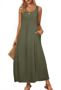 Smith & Hawken Womens L Olive Green Maxi Dress Sleeveless Scoop Neck Pocket Slit